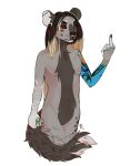  anthro black_hair blonde_hair brown_hair can container ear_piercing facial_piercing famir_(artist) featureless_crotch female flat_chested fur gauged_ear green_eyes grey_body grey_ears grey_fur hair heterochromia hi_res holding_can holding_container holding_object industrial_piercing multicolored_hair navel nose_piercing nude piercing portrait red_eyes septum_piercing simple_background solo species_request standing three-quarter_portrait white_background 