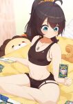  1girl absurdres ahoge bangs bed black_bra black_shorts blush bra breasts brown_hair card cellphone collarbone dog_tags ebi_frion_(natsuiro_matsuri) green_eyes hair_between_eyes highres holding holding_card holding_phone hololive indian_style indoors long_hair lunch_boxer matsurisu natsuiro_matsuri navel on_bed phone pokemon_card short_shorts shorts sitting small_breasts smartphone solo sports_bra underwear virtual_youtuber 