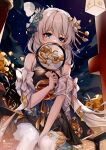  1girl absurdres artist_name bare_shoulders between_legs blue_eyes breasts chinese_clothes chinese_commentary cleavage cleavage_cutout clothing_cutout covering_mouth flower guzangnanfeng hair_flower hair_ornament hand_between_legs hand_fan highres honkai_(series) honkai_impact_3rd lantern long_hair night night_sky official_alternate_costume outdoors pantyhose paper_fan paper_lantern sitting sky solo theresa_apocalypse theresa_apocalypse_(starlit_astrologos) uchiwa white_hair white_pantyhose 