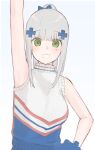  1girl arm_up armpits blue_ribbon blue_sweater_vest breasts cheerleader commentary girls&#039;_frontline green_eyes grey_background grey_hair hair_ornament hair_ribbon hiepita97 hk416_(girls&#039;_frontline) long_hair looking_at_viewer medium_breasts open_mouth pom_pom_(cheerleading) ponytail ribbon round_teeth simple_background solo sweater sweater_vest tareme teeth turtleneck turtleneck_sweater two-tone_sweater upper_body upper_teeth white_sweater_vest 