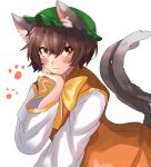  1girl animal_ears annoyed brown_hair cat_ears cat_tail chen earrings hand_on_own_face hat highres jewelry kashiwara_mana looking_at_viewer mob_cap multiple_tails nekomata short_hair solo tail touhou v-shaped_eyebrows 