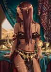  1girl arabian_clothes bare_shoulders bikini breasts brown_bikini brown_eyes brown_hair closed_mouth clothing_request curtains dancer dark-skinned_female dark_skin highres indoors jewelry lips long_hair nashidrop navel original parted_lips sitting smile solo stomach swimsuit tan 