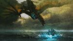  absurdres anato_finnstark breathing_ice cloud cloudy_sky dragon flying game_of_thrones highres ice no_humans ocean open_mouth outdoors scenery ship sky viserion watercraft 