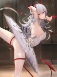  1girl alternate_costume arknights arm_strap arm_up armpits ballerina bangs breasts closed_mouth dress from_side grey_hair highres horns long_hair looking_at_viewer medium_breasts pantyhose ru_zhai solo standing standing_on_one_leg thighs w_(arknights) white_dress white_pantyhose yellow_eyes 