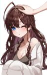 1girl 1other ahoge bangs blue_eyes blush breasts brown_hair cleavage collared_shirt dot_nose earrings hair_intakes hand_on_another&#039;s_head headpat highres huge_ahoge ichinose_shiki idolmaster idolmaster_cinderella_girls jewelry kudou_(sikisiki0000) long_hair medium_breasts off_shoulder one_eye_closed open_clothes open_shirt parted_lips shirt sidelocks simple_background single_bare_shoulder sleeves_past_fingers sleeves_past_wrists solo_focus stud_earrings swept_bangs upper_body white_background white_shirt 