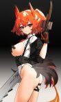  1girl arknights ass black_background black_gloves breasts closed_mouth ett fiammetta_(arknights) gloves gradient gradient_background grey_background gun highres holding holding_gun holding_weapon large_breasts looking_at_viewer orange_eyes orange_hair pasties shirt short_hair solo weapon white_shirt 
