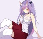  1girl bandages bangs black_bow black_choker blush bow breasts character_request chest_sarashi choker copyright_request feet_out_of_frame hair_between_eyes hair_bow highres horns kkry99 long_hair looking_at_viewer medium_breasts miniskirt oni_horns pleated_skirt purple_background purple_hair red_eyes red_skirt sarashi shirt simple_background single_bare_shoulder sitting skirt solo thighhighs very_long_hair white_shirt white_thighhighs 