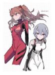  2girls ayanami_rei bangs blue_eyes bodysuit breasts dango_(uni_520) expressionless hair_ornament interface_headset long_hair looking_at_viewer medium_breasts multiple_girls neon_genesis_evangelion orange_hair pilot_suit plugsuit red_bodysuit red_eyes short_hair simple_background souryuu_asuka_langley twitter_username white_bodysuit 