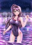  1girl aqua_eyes assault_lily bangs bare_arms bare_shoulders black_one-piece_swimsuit blurry blurry_background blush breasts brown_hair city cleavage closed_mouth collarbone commentary competition_swimsuit covered_navel cowboy_shot floral_print hand_up high_ponytail highres imai_tomohiro large_breasts long_hair looking_at_viewer night night_sky official_alternate_costume one-piece_swimsuit outdoors ponytail pool print_swimsuit red_one-piece_swimsuit rooftop serizawa_chikaru sidelocks sky skyline smile solo standing star_(symbol) swimsuit two-tone_swimsuit wading wet 