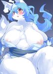  2022 anthro areola asian_clothing asian_mythology big_breasts blue_hair blush breasts canid canine canis clothed clothing digital_media_(artwork) domestic_dog east_asian_clothing east_asian_mythology embarrassed female female_anthro fur ghost hair hi_res hitodama huge_breasts inverted_nipples japanese_clothing japanese_mythology kemono looking_at_viewer mammal mythology nipples open_mouth partially_clothed red_eyes solo spirit thick_thighs ukenya white_body white_fur 
