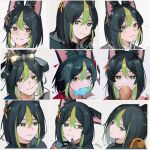  1boy alternate_hairstyle animal_ear_fluff animal_ears black_hair blunt_ends blush cheek_rest earrings eating expression_chart food fox_boy fox_ears frown genshin_impact green_eyes green_hair hair_between_eyes head_tilt highres holding holding_food jewelry looking_at_viewer mouth_hold multicolored_hair multiple_views satomemaru short_hair signature single_earring smile streaked_hair sweatdrop taiyaki tighnari_(genshin_impact) twitter_username wagashi 