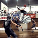  1girl 2ch 3boys audience bare_arms baseball_jersey basketball black_hair black_shorts breasts crowd dress hasshaku-sama hat highres imperfectring indoors jumping large_breasts long_hair motion_blur multiple_boys realistic short_hair shorts slam_dunk_(basketball) sportswear sun_hat tall_female white_dress white_headwear 