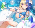  1girl acxjx3 akashic_chronicle bangs blonde_hair blue_eyes bubble closed_mouth cup drink drinking_glass drinking_straw elf flower food fruit hair_flower hair_ornament highres holding holding_cup innertube looking_at_viewer mobile_legends:_bang_bang multicolored_hair o-ring o-ring_top one-piece_swimsuit pointy_ears pool purple_eyes single_thighhigh smile solo strawberry swimsuit thighhighs two-tone_hair water wet white_flower white_one-piece_swimsuit white_thighhighs 