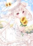  1girl animal_ears bangs blue_ribbon blue_sky blurry blurry_background blush bubble child cloud cloudy_sky commentary_request dress flower from_side hat hat_ribbon highres holding holding_flower long_hair looking_at_viewer moco_ofuton original outdoors red_eyes ribbon sidelocks sky smile solo sunflower tail very_long_hair white_dress white_hair white_headwear 