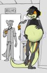  after_vore anthro belly big_belly burping burping_up_object canid canine clothed clothing colored digestion digestion_noises duo hand_on_stomach hat headgear headwear hi_res jack_(topazknight) lizard male mammal partially_clothed reptile scalie simple_background topazknight useless_clothing vore 
