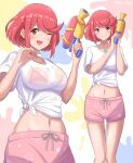  ;d absurdres bangs bikini breasts chest_jewel drop_earrings earrings highres holding holding_water_gun jewelry large_breasts looking_at_viewer multiple_views navel one_eye_closed pyra_(xenoblade) red_bikini red_eyes red_hair ryochan96154 see-through shirt short_shorts short_sleeves shorts smile swept_bangs swimsuit tied_shirt twitter_username water_gun wet wet_clothes white_shirt xenoblade_chronicles_(series) xenoblade_chronicles_2 