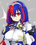  1girl alear_(fire_emblem)_(female) blue_eyes blue_hair braid breasts crown_braid fire_emblem fire_emblem_engage heterochromia jewelry large_breasts long_hair multicolored_hair red_eyes red_hair ring smile solo very_long_hair yukia_(firstaid0) 