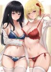  2girls :p black_hair blonde_hair blue_bra blue_panties bob_cut bra bra_pull breasts cleavage closed_mouth clothes_pull collarbone cyicheng english_commentary hair_ribbon inoue_takina large_breasts long_hair looking_at_viewer lycoris_recoil medium_breasts multiple_girls navel nishikigi_chisato off_shoulder one_side_up open_clothes open_shirt paid_reward_available panties patreon_username pulled_by_self purple_eyes red_bra red_eyes red_panties red_ribbon ribbon shirt short_hair skindentation stomach straight_hair strap_pull thighhighs thighs tongue tongue_out underwear white_shirt white_thighhighs 