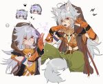  1boy animal_ear_fluff animal_ears bandaged_arm bandages bangs bone_necklace closed_mouth fangs fur_trim genshin_impact gloves green_pants grey_hair hair_between_eyes highres long_hair male_focus nukoji open_mouth orange_gloves pants partially_fingerless_gloves paw_print plant profile razor_(genshin_impact) red_eyes scar scar_on_arm scar_on_face simple_background solo tail tongue very_long_hair white_background wolf_ears wolf_tail 