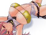  azur_lane bandana belt bikini breasts bremerton_(azur_lane) chaps cleavage closed_mouth cowboy_western fringe_trim hair_between_eyes large_breasts long_hair looking_at_viewer lying midriff mole mole_on_breast multicolored_hair musuko_(son_of_everyone) navel navel_piercing on_back open_clothes open_shirt piercing pink_eyes pink_hair shirt simple_background skindentation sleeveless sleeveless_shirt smile strap_gap strapless strapless_bikini streaked_hair swimsuit tied_shirt white_background yellow_bikini 