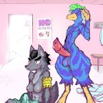  angry anthro aroused avian bird blush breasts canid canine canis clothed clothing duo erection female forced genitals green_hair gynomorph hair hi_res intersex male male/female mammal nude parrot penis shower small_breasts spiked_penis spikes spikes_(anatomy) topless towel wolf 