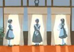  3girls absurdres animal apron arms_behind_back bangs black_dress black_hair blunt_bangs bob_cut cat clock dress frilled_apron frills from_behind from_side full_body hair_bun high_heels highres holding holding_animal holding_cat indoors inoue_haruka_(haruharu210) maid maid_apron maid_headdress medium_hair multiple_girls original puffy_sleeves roswaal_mansion_maid_uniform short_hair sidelocks standing white_apron window 