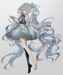  1girl 25-ji_miku 25-ji_night_code_de._(project_sekai) :| absurdly_long_hair amg_(amo10) black_thighhighs closed_mouth collared_dress commentary crossed_legs dress expressionless floating_hair frilled_dress frills from_behind from_side full_body green_eyes grey_background grey_dress grey_hair grey_theme hair_between_eyes hand_up hatsune_miku heterochromia highres long_hair long_sleeves looking_at_viewer looking_back neck_ribbon pinching_sleeves pink_eyes project_sekai red_ribbon ribbon simple_background single_bare_leg single_thighhigh sleeves_past_wrists solo symbol-only_commentary thighhighs twintails very_long_hair vocaloid wavy_hair 