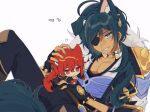  animal_ears blue_eyes blue_hair brothers cat_ears cat_tail chibi dark-skinned_male dark_skin dog_ears dog_tail genshin_impact multicolored_hair nukoji pectoral_cleavage pectorals ponytail red_eyes red_hair siblings star-shaped_pupils star_(symbol) streaked_hair symbol-shaped_pupils tail 