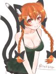  1girl animal_ears bad_anatomy black_bow bow braid breasts cat_ears cat_tail cleavage grin hair_bow kaenbyou_rin long_hair multiple_tails nekomata red_hair simple_background smile solo tail touhou twin_braids two_tails v-shaped_eyebrows v_arms yamamiya_saki 