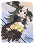  bird_girl bird_tail bird_wings black_hair black_shirt blush brown_eyes circlet frilled_shirt frilled_sleeves frilled_socks frills from_below hands_on_own_cheeks hands_on_own_face head_wings highres kemono_friends long_hair long_sleeves looking_at_viewer multicolored_hair power_lines scarf shirt socks spawnfoxy striated_caracara_(kemono_friends) tail utility_pole white_hair white_scarf wings yellow_socks 