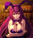  1girl absurdres animal_ears bottle bow bowtie breasts bust_cup detached_collar fake_animal_ears fate/grand_order fate_(series) hairband highres holding holding_bottle large_breasts leotard long_hair official_alternate_costume playboy_bunny purple_bow purple_bowtie purple_hair purple_hairband purple_leotard rabbit_ears red_eyes scathach_(fate) scathach_(piercing_bunny)_(fate) solo strapless strapless_leotard upper_body usd_(wwkr2537) wine_bottle wrist_cuffs 