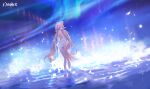  1girl absurdres agoto alchemy_stars ass back bikini blonde_hair from_behind full_body gronru_(alchemy_stars) hat highres kneepits long_hair low_twintails night shell side-tie_bikini_bottom solo standing swimsuit thighs twintails very_long_hair water white_bikini 