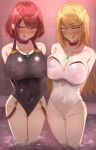  2girls bangs black_one-piece_swimsuit blonde_hair breasts chest_jewel collarbone covered_nipples half-closed_eyes highleg highleg_swimsuit hot_melon large_breasts long_hair mind_control multiple_girls mythra_(xenoblade) pyra_(xenoblade) red_eyes red_hair short_hair swept_bangs swimsuit white_one-piece_swimsuit xenoblade_chronicles_(series) xenoblade_chronicles_2 yellow_eyes 