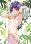  1boy arm_cuffs blue_eyes blush genshin_impact highres jewelry leaf looking_at_viewer male_focus necklace palm_tree purple_hair revealing_clothes scaramouche_(genshin_impact) short_hair solo tiara tree tututor white_background 