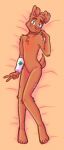  anthro blush body_pillow brown_body brown_fur canid canine canis cast dakimakura_design dakimakura_pillow dakimakura_pose fur gesture green_eyes hi_res jack_(zoophobia) jackal male mammal nude null null_bulge pillow solarlewds solo v_sign vivzmind zoophobia 