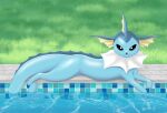  ambiguous_gender canid canine digital_media_(artwork) draquarzi eeveelution feral generation_1_pokemon grass hi_res looking_at_viewer lying mammal nintendo outside plant pokemon pokemon_(species) poolside seductive solo sploot vaporeon video_games water 