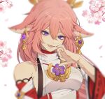  1girl animal_ears blur_censor blurry blurry_background blurry_foreground branch censored cherry_blossoms daisy depth_of_field earrings falling_petals floral_background flower genshin_impact hair_between_eyes jewelry nukoji open_mouth petals pink_flower pink_hair purple_eyes wisteria yae_sakura 