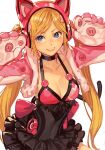  1girl animal_ears animal_hands bangs black_choker blonde_hair blue_eyes breasts cat_ears choker cleavage collarbone cropped_jacket fake_animal_ears fur-trimmed_jacket fur_trim gloves grey_background grin hands_up headphones hungry_clicker jacket large_breasts long_hair looking_at_viewer lucky_chloe paw_gloves pink_jacket shiny shiny_hair simple_background smile solo teeth tekken thighhighs twintails 