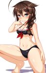  1girl adapted_costume ahoge barefoot bikini black_bikini black_hair blue_eyes braid breasts commentary_request front-tie_bikini_top front-tie_top hair_flaps hair_ornament hair_over_shoulder highres hinagiku-19 kantai_collection looking_at_viewer medium_breasts shigure_(kancolle) shigure_kai_ni_(kancolle) simple_background single_braid solo squatting swimsuit white_background 