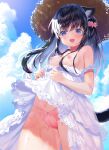 1girl animal_ear_fluff animal_ears bangs bare_shoulders black_hair blue_sky bow bow_panties breasts brown_headwear cameltoe cat_ears cat_girl cat_tail clothes_lift clothes_pull cloud cloudy_sky commentary_request day dress dress_lift dress_pull fang flower hair_between_eyes hair_flower hair_ornament hat highres long_hair looking_at_viewer multicolored_hair mutou_mato nipples open_mouth original outdoors panties pink_flower pink_panties sky small_breasts solo straw_hat tail tongue tongue_out two-tone_hair underwear very_long_hair white_dress white_hair 