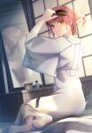  1girl absurdres barefoot blush brushing_hair closed_mouth commentary english_commentary hair_brush highres holding holding_hair_brush indoors japanese_clothes kimono kohaku_(tsukihime) looking_at_viewer mirror mkr_(wepn3428) orange_eyes red_hair reflection short_hair sitting solo toes tsukihime white_kimono wide_sleeves 