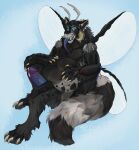  2019 anthro arthropod belly big_belly big_fangs black_body black_ears black_hair black_inner_ear_fluff black_sclera blue_eyes blue_penis blue_tongue dated dragon erection famir_(artist) full-length_portrait fur genitals grey_body grey_fur hair hi_res humanoid_genitalia humanoid_penis hybrid inner_ear_fluff insect insect_wings lepidopteran male moth navel nude overweight overweight_anthro overweight_male penis portrait precum_on_own_penis prosthetic prosthetic_arm prosthetic_limb pupils purple_penis purple_tongue signature simple_background sitting slit_pupils solo three-quarter_view tongue tongue_out tuft vein veiny_penis wings 