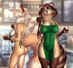  2021 anthro apron apron_only blurred_background breasts butt canid canine clothing coffee_cup container cup duo eyewear female fox glasses mammal mostly_nude photo_background pipyaka raccoon_dog round_glasses standing tanuki 