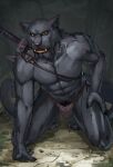  2022 abs anthro breath bulge clothed clothing exhausted felid forest hand_on_ground hand_on_leg inubikko kneeling looking_at_viewer male mammal melee_weapon muscular navel outside pantherine panting pecs plant pubes sheathed_weapon skimpy solo sword tagme tree underwear weapon 