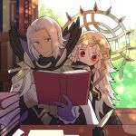 1boy 1girl behind_another book brother_and_sister brown_eyes chair closed_mouth commentary dark-skinned_male dark_skin fire_emblem fire_emblem_heroes gloves hair_ornament hands_on_another&#039;s_shoulders high_collar holding holding_book long_hair mysterious_man_(fire_emblem) open_book ouzisamafe paper pile_of_books purple_gloves red_eyes short_hair siblings sitting smile table tiara veronica_(fire_emblem) white_hair 