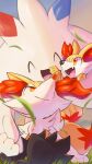  1other ^_^ animal_ear_fluff animal_ears animal_feet animal_hands animal_nose black_fur blue_sky body_fur braixen closed_eyes closed_mouth cloud commentary day fang fennekin fox_ears fox_tail fur_collar furry grass happy highres holding_hands looking_at_another looking_back looking_up multicolored_fur on_ground open_mouth outdoors pokemon pokemon_(creature) red_eyes sitting skin_fang sky smile snout tail tarnar togekiss white_fur yellow_fur 