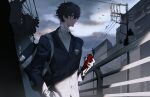 1boy absurdres amamiya_ren bird black_hair black_jacket breast_pocket building chinese_commentary closed_mouth cloud cloudy_sky expressionless fence film_grain glasses grey_eyes hand_in_pocket highres holding holding_phone jacket male_focus messy_hair outdoors persona persona_5 phone pocket power_lines qi_id_wuneng scenery school_uniform short_hair shuujin_academy_uniform sky solo utility_pole 