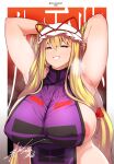  1girl absurdres armpits blonde_hair bow breasts covered_nipples grin hair_bow hat highres huge_breasts long_hair looking_at_viewer mob_cap naked_tabard nipples open_mouth red_bow sidelocks smile solo tabard touhou trigram twitter_username very_long_hair white_headwear yakumo_yukari yellow_eyes 