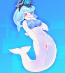  &lt;3 &lt;3_eyes abstract_background anthro beluga blue_eyes blush blush_lines breast_squish breasts cetacean delphinoid doris_(space_leaper) female female_anthro fin_hands genitals glistening glistening_body glistening_hair gradient_background hair hi_res kiwifeline legless mammal marine merfolk monodontid nipple_outline nude pirate_hat pussy simple_background smile solo space_leaper:cocoon split_form spread_pussy spreading squish tail_hair toothed_whale whale_tail white_body 