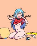  1girl absurdres akairiot blue_hair bottomless breasts chibi closed_eyes clothes_lift condom english_text full_body highres iru_may_(akairiot) legwear_removed long_hair medium_breasts navel open_mouth orange_background original panties panties_removed pillow red_shirt seiza shirt shirt_lift sidelocks simple_background sitting solo studded_choker thighhighs underboob underwear undressing wavy_mouth yawning yellow_thighhighs 